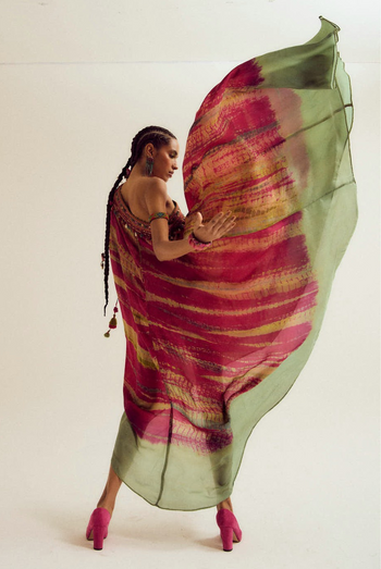 Heather off shoulder tie dye dress - fuchsia/ sage