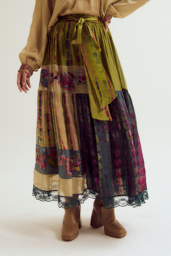 Amala emb  skirt-ecru/ green/teal