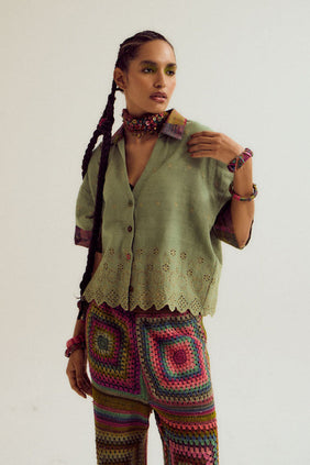 Hibiscus cutwork shirt- sage
