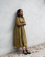 Olive silk pin-tuck dress with in luxurious hand woven mulberry silk 