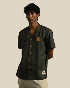 Taj Shirt - Olive Aari Embroidery in Linen