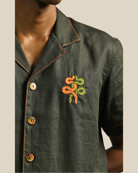 Taj Shirt - Olive Aari Embroidery in Linen