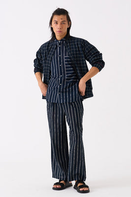 Band Collar Shirt Black Stripe