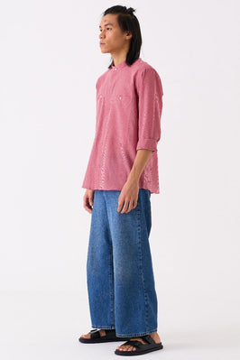 Band Collar Shirt Pink Check