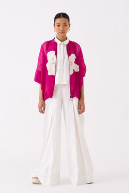 Floral Applique Bomber Jacket Co Ord Set Of 3 Fuschiia