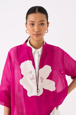 Floral Applique Bomber Jacket Co Ord Set Of 3 Fuschiia