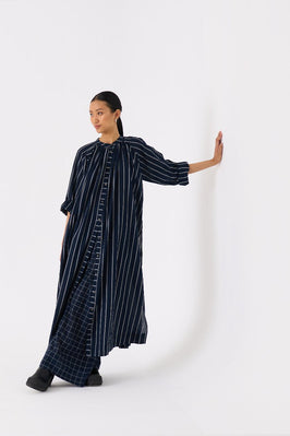 Gather Neck Shirt Black Stripe