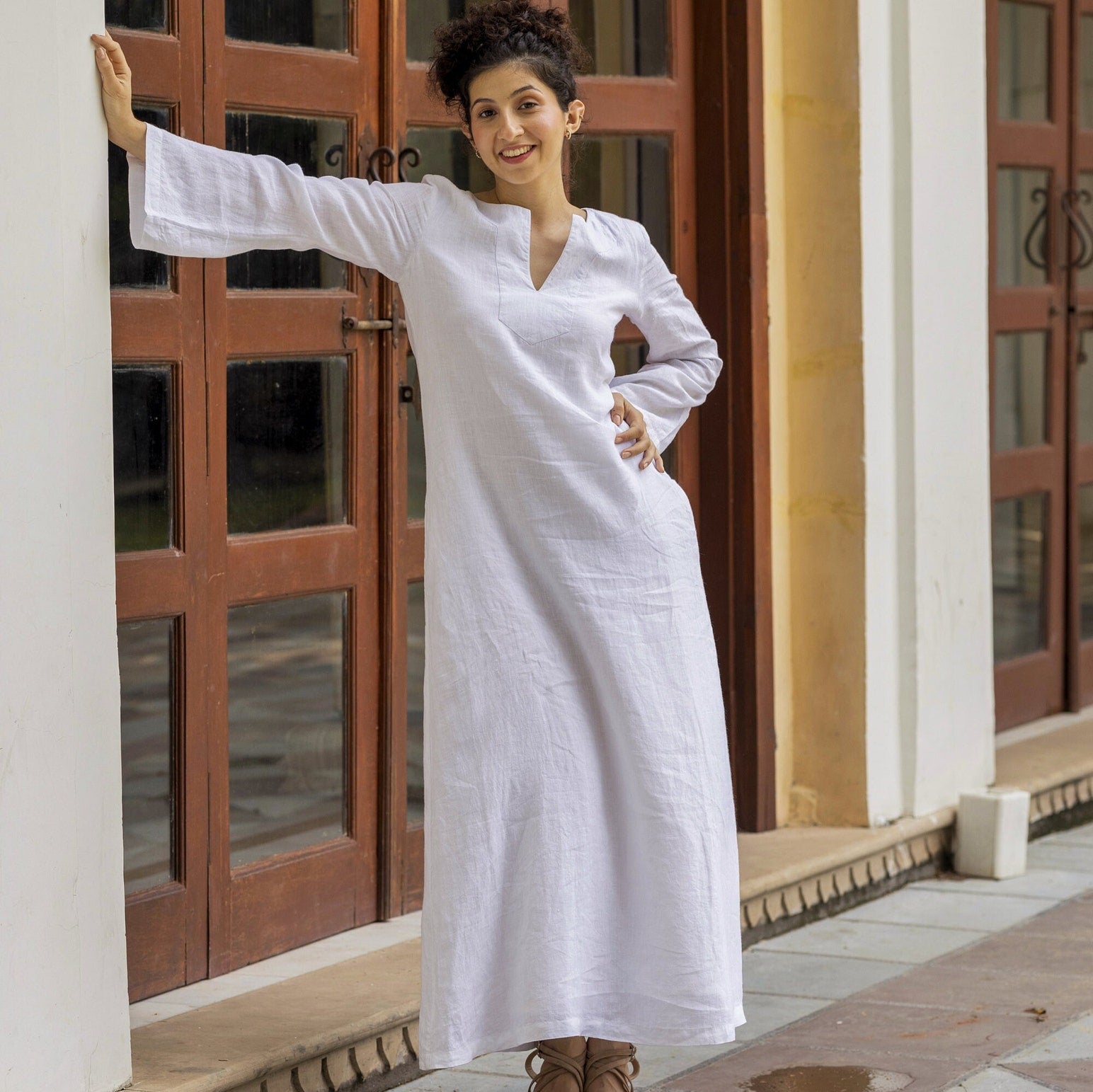 White linen kaftan dress cheap