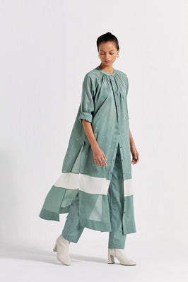Panel Gather Neck Shirt Co-Ord (Set Of 2) - Jade